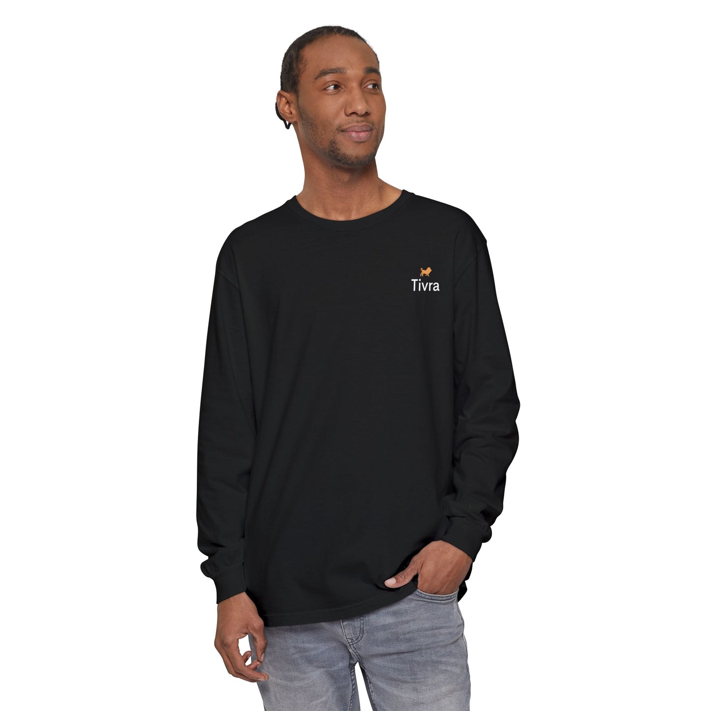 Minimalist White Long Sleeve T-Shirt with Tiny Orange Dog Embroidery