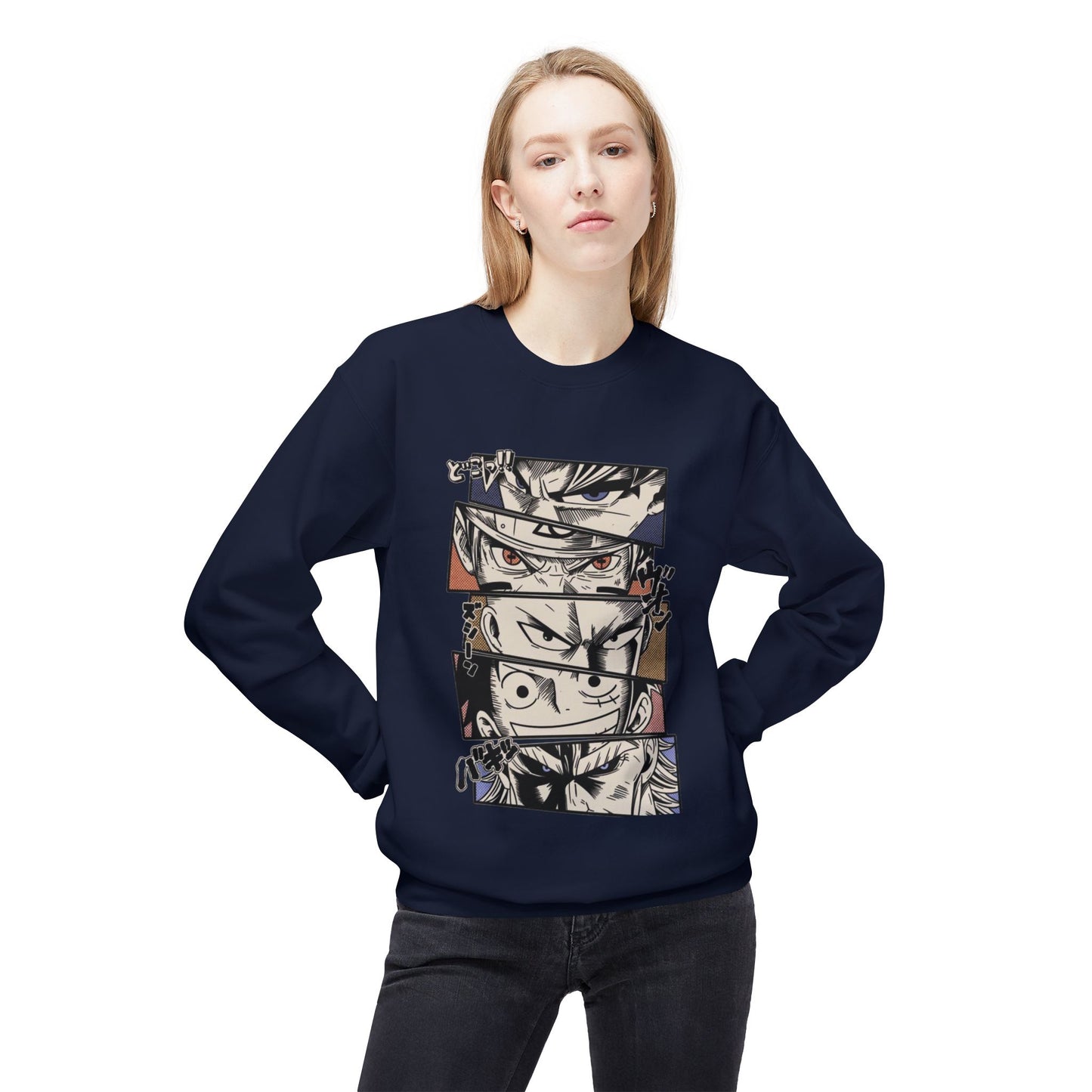 Anime Eyes Crewneck Sweatshirt — Split-Panel Manga Character Faces