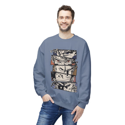 Anime Eyes Crewneck Sweatshirt — Split-Panel Manga Character Faces