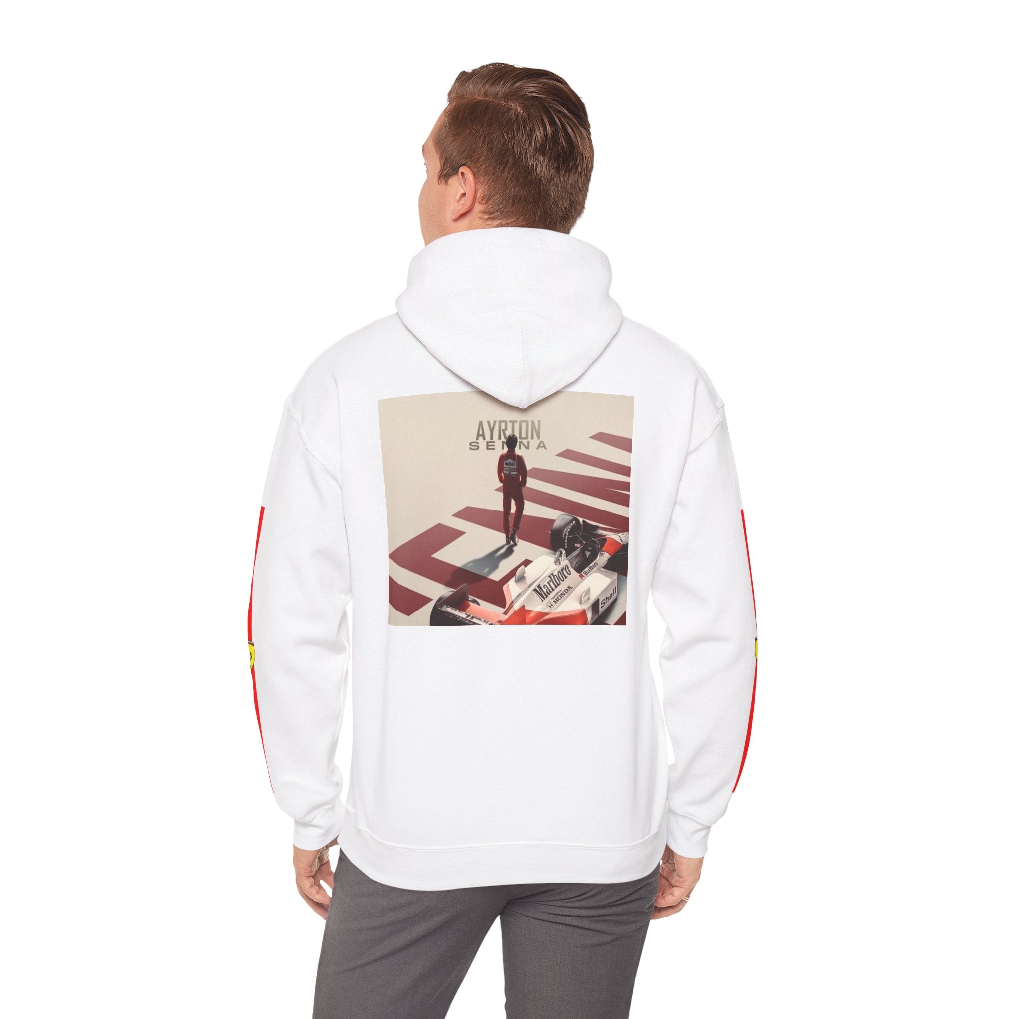 Ferrari Racing Hoodie – Prancing Horse & Ayrton Senna Retro F1 Graphic