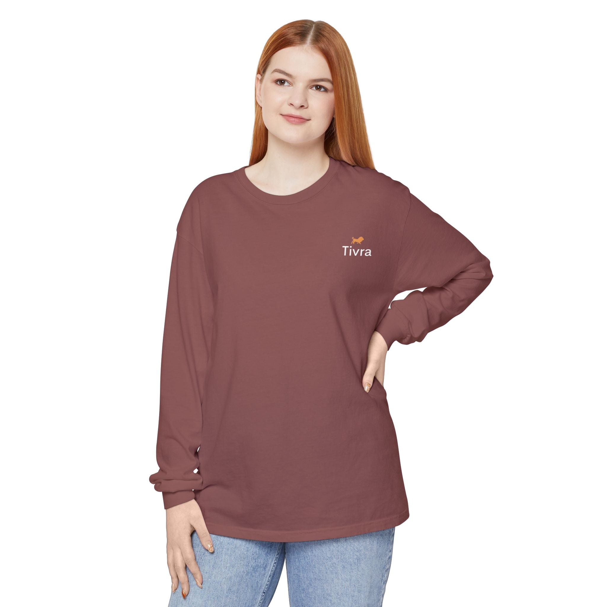 Minimalist White Long Sleeve T-Shirt with Tiny Orange Dog Embroidery