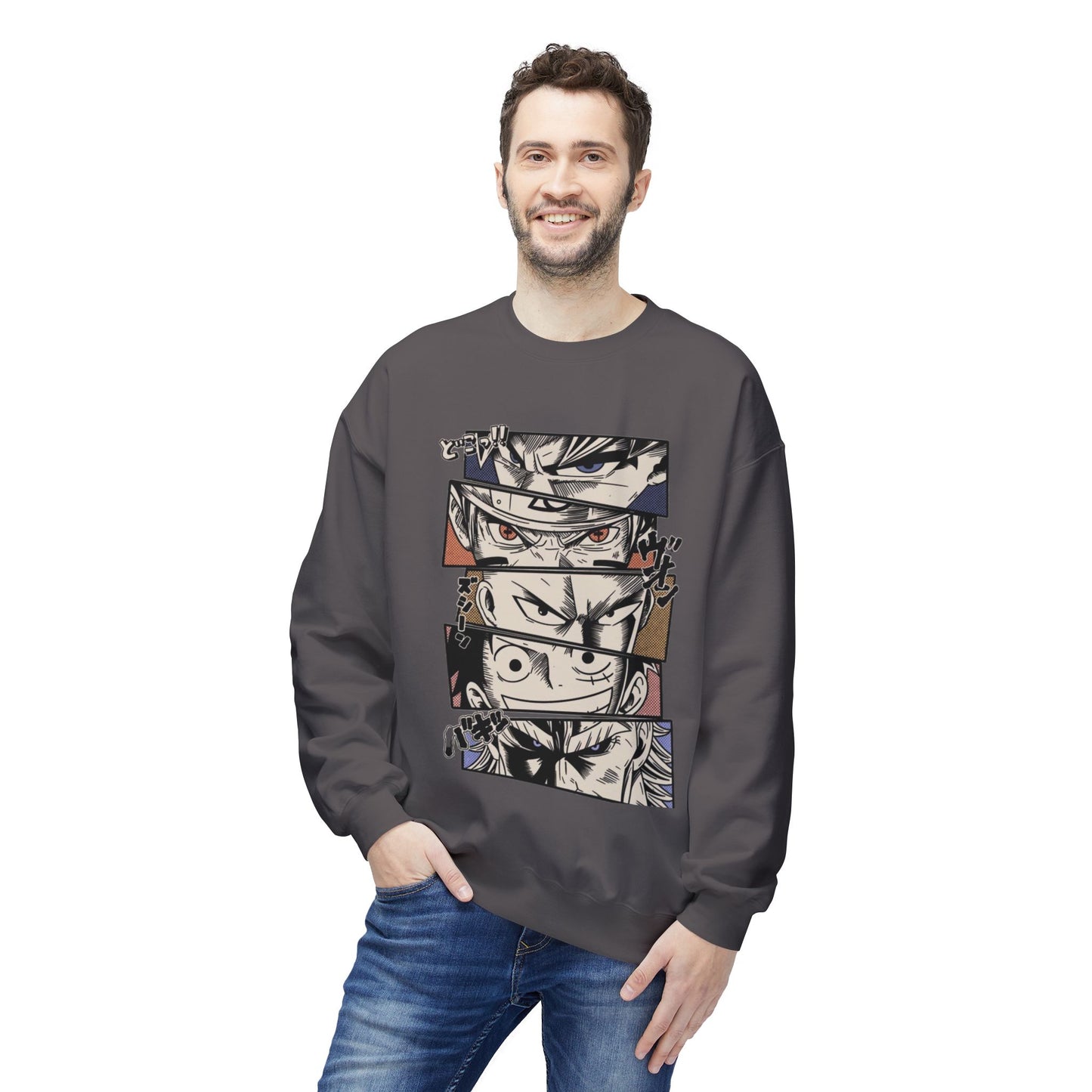 Anime Eyes Crewneck Sweatshirt — Split-Panel Manga Character Faces