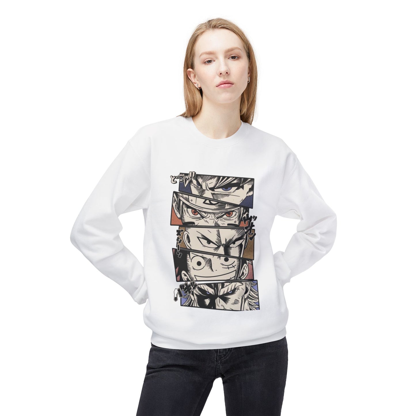Anime Eyes Crewneck Sweatshirt — Split-Panel Manga Character Faces
