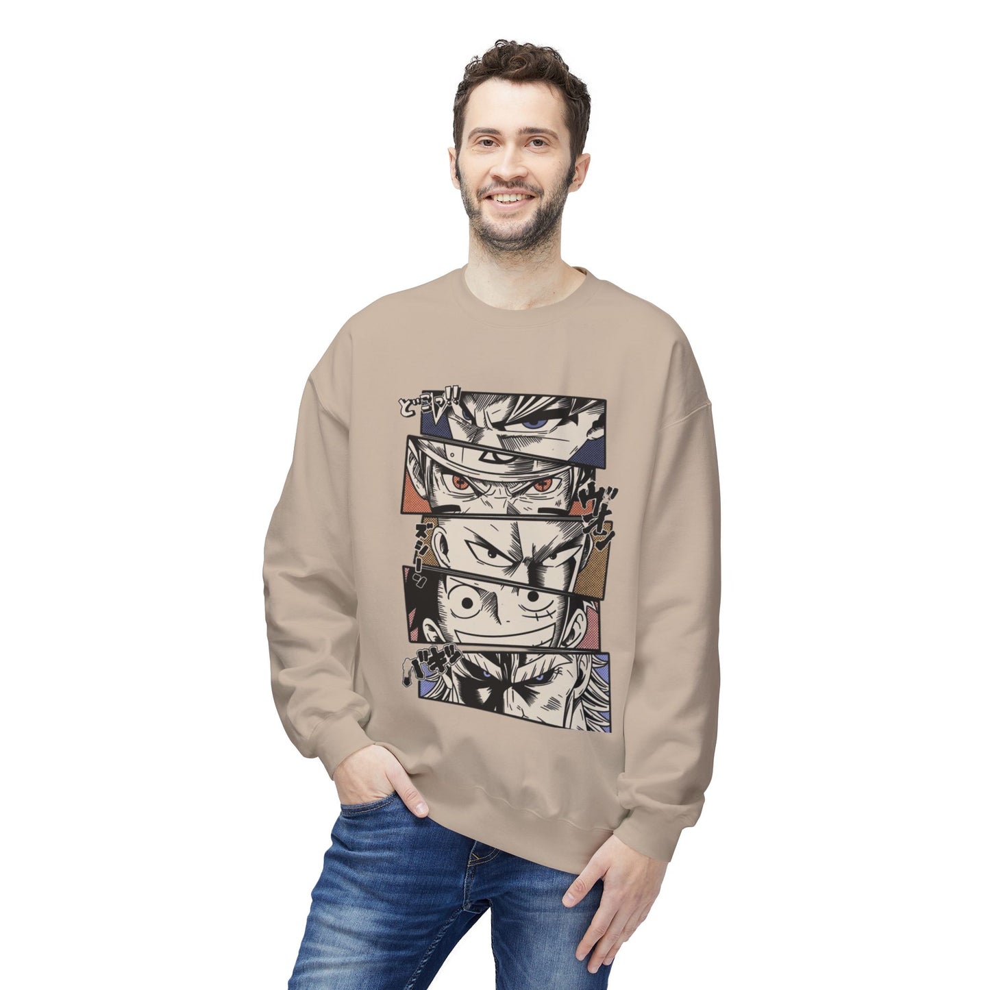 Anime Eyes Crewneck Sweatshirt — Split-Panel Manga Character Faces