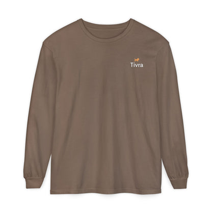 Minimalist White Long Sleeve T-Shirt with Tiny Orange Dog Embroidery