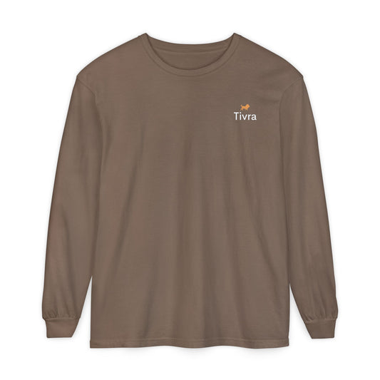 Minimalist White Long Sleeve T-Shirt with Tiny Orange Dog Embroidery