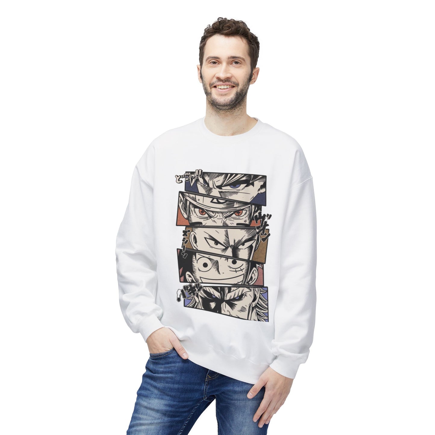 Anime Eyes Crewneck Sweatshirt — Split-Panel Manga Character Faces