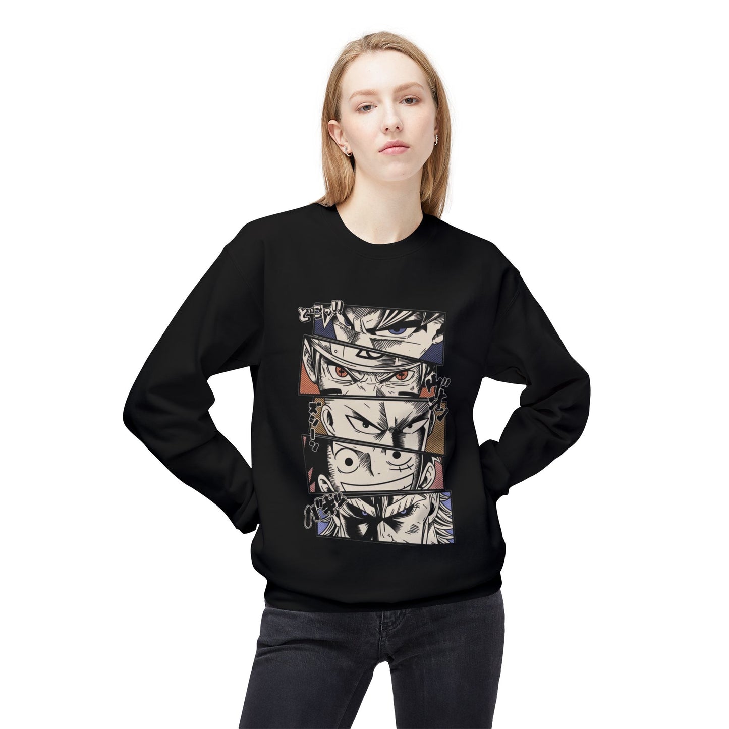 Anime Eyes Crewneck Sweatshirt — Split-Panel Manga Character Faces