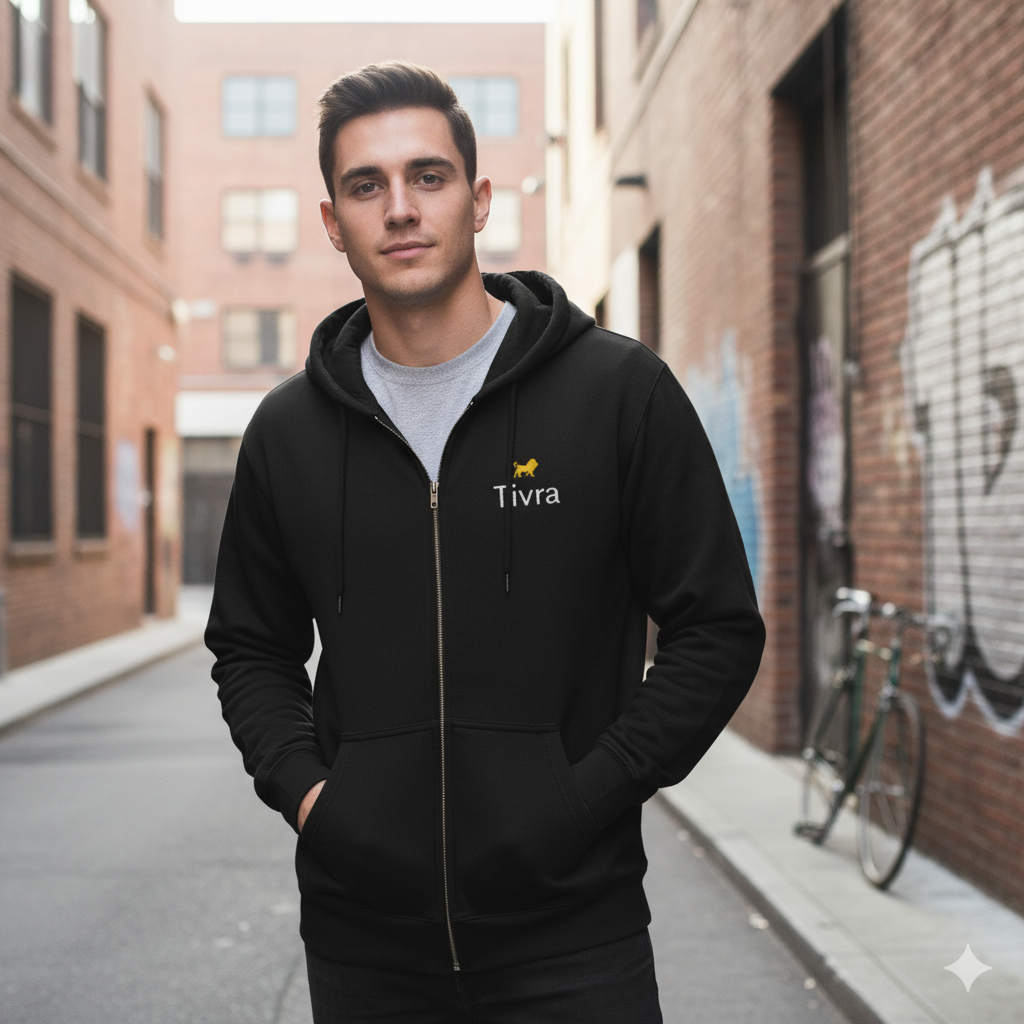 Tivra Logo Zip Hoodie — Black Full‑Zip Sweatshirt with Small Chest Emblem