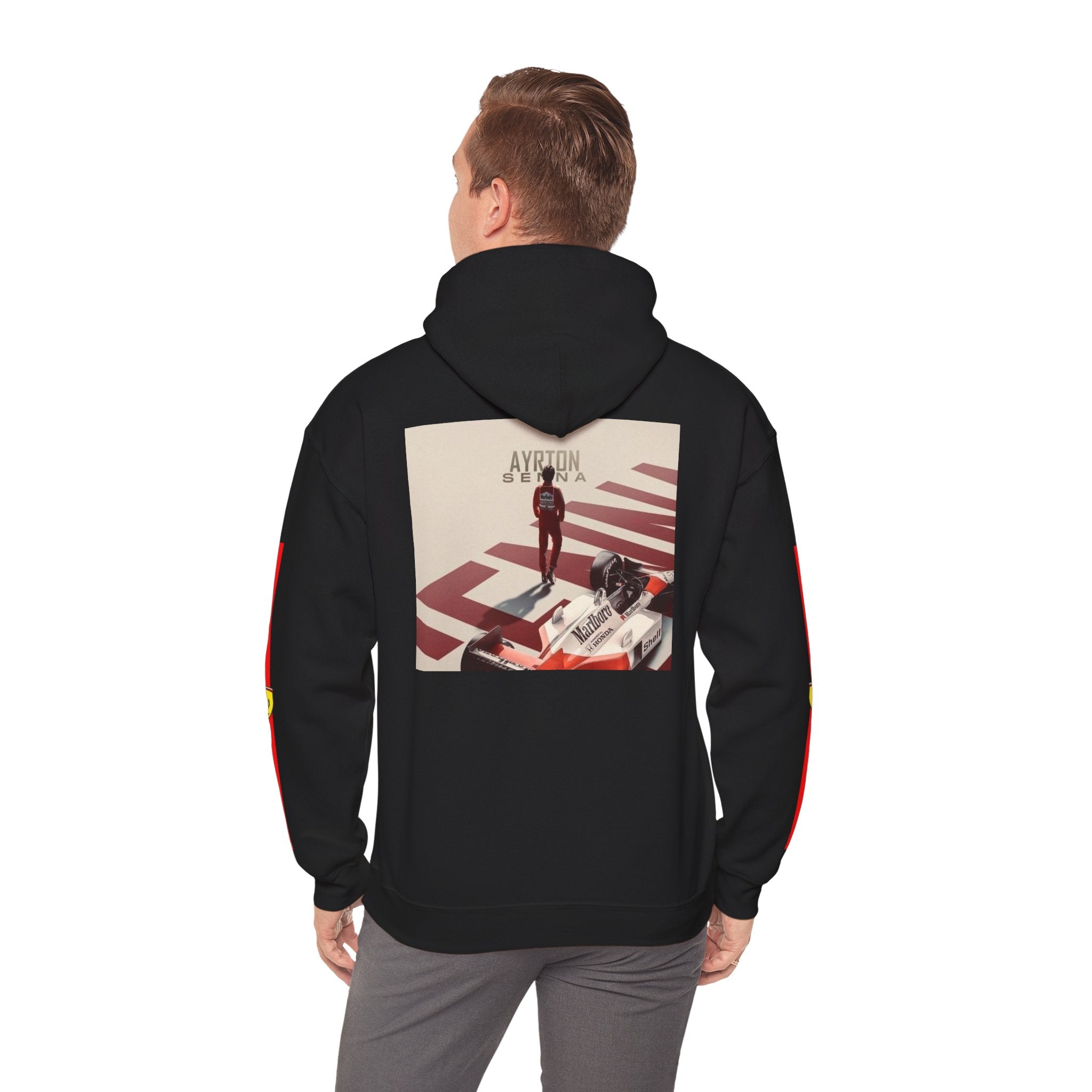 Ferrari Racing Hoodie – Prancing Horse & Ayrton Senna Retro F1 Graphic