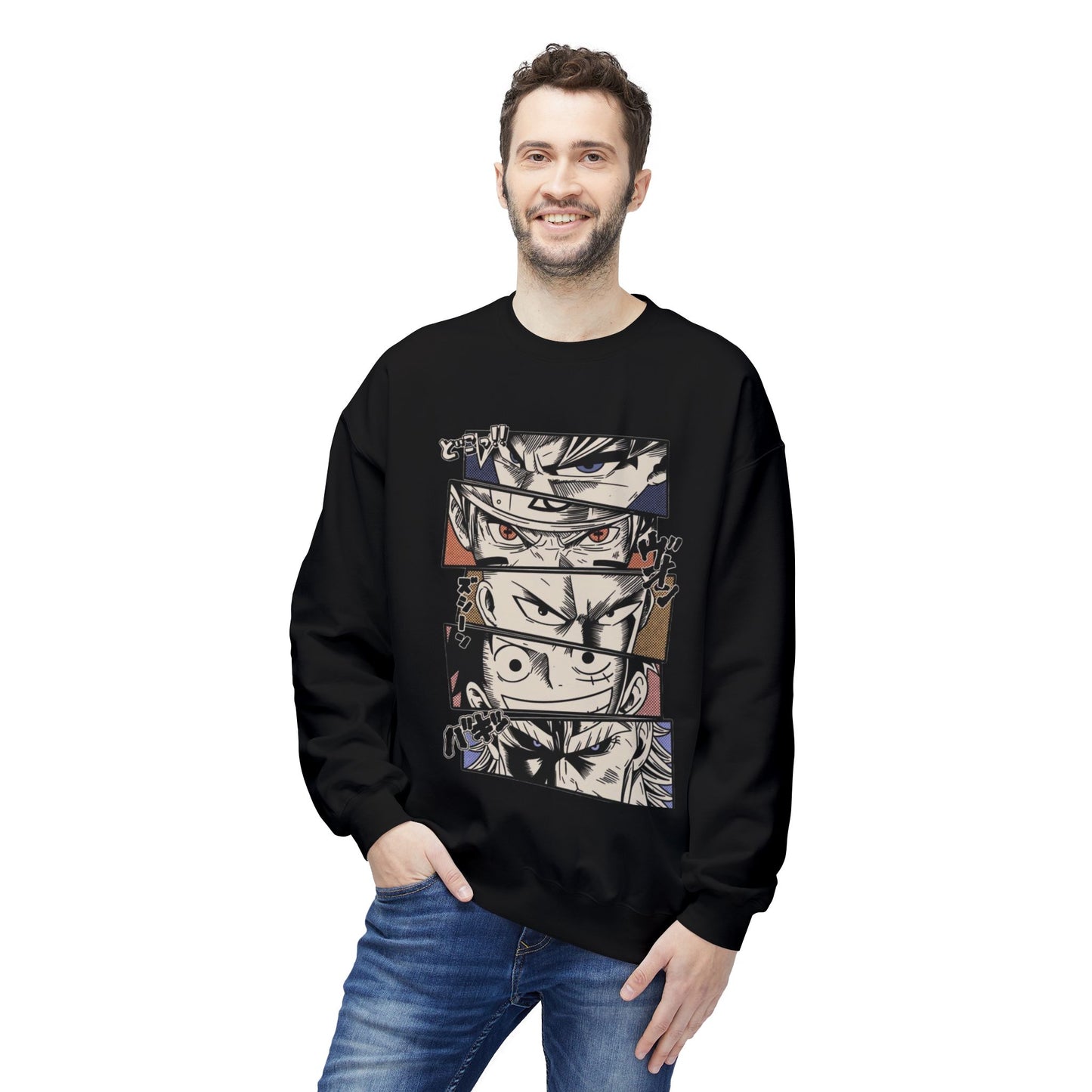 Anime Eyes Crewneck Sweatshirt — Split-Panel Manga Character Faces