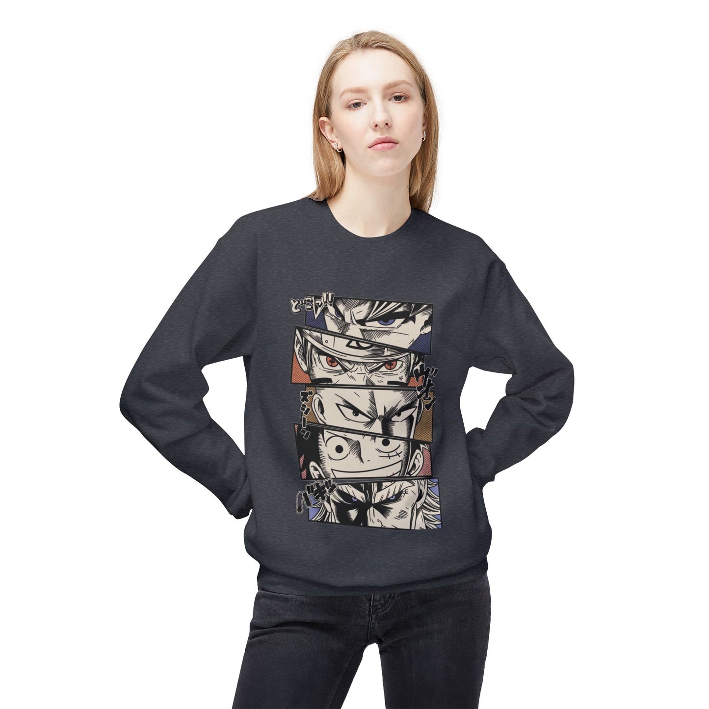 Anime Eyes Crewneck Sweatshirt — Split-Panel Manga Character Faces