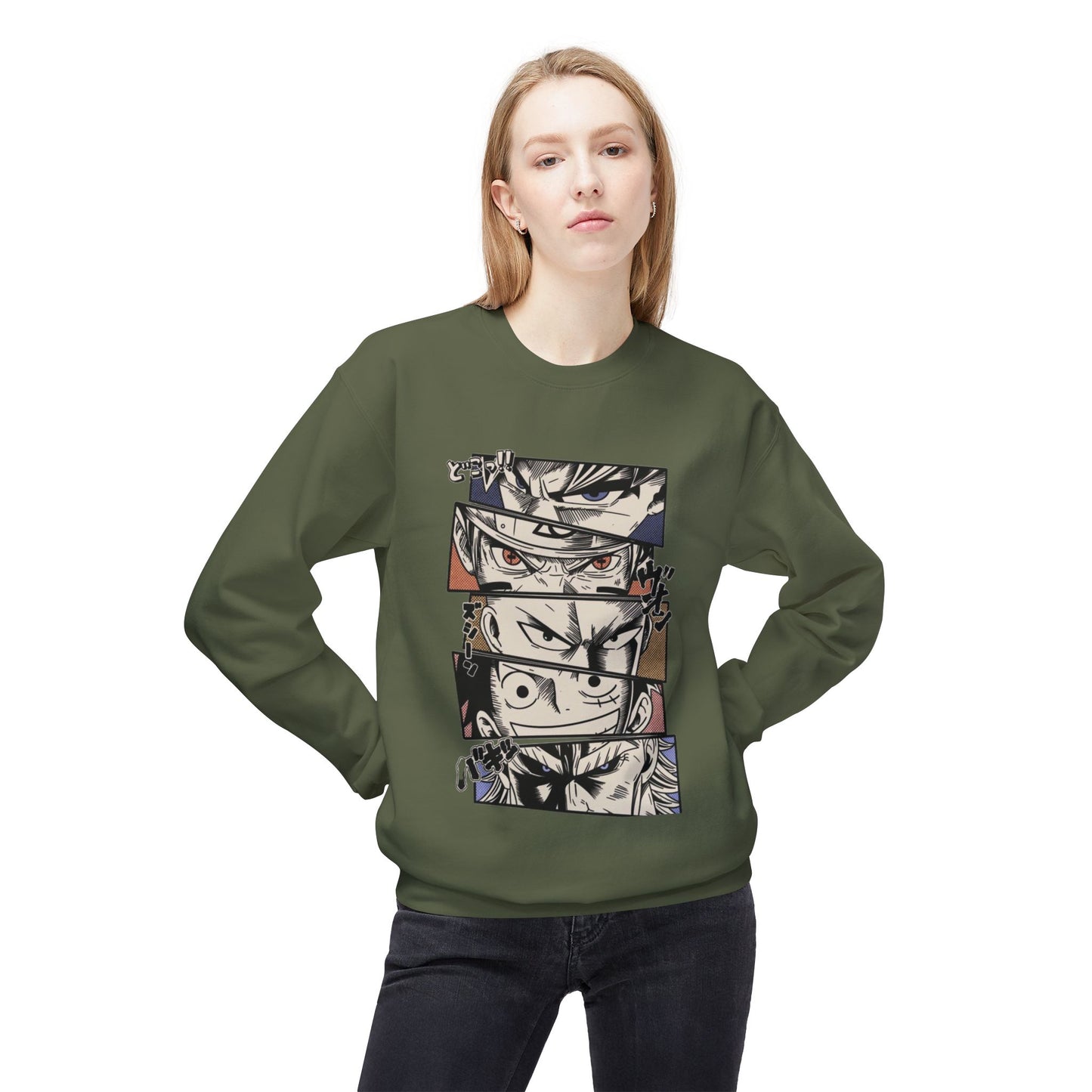 Anime Eyes Crewneck Sweatshirt — Split-Panel Manga Character Faces