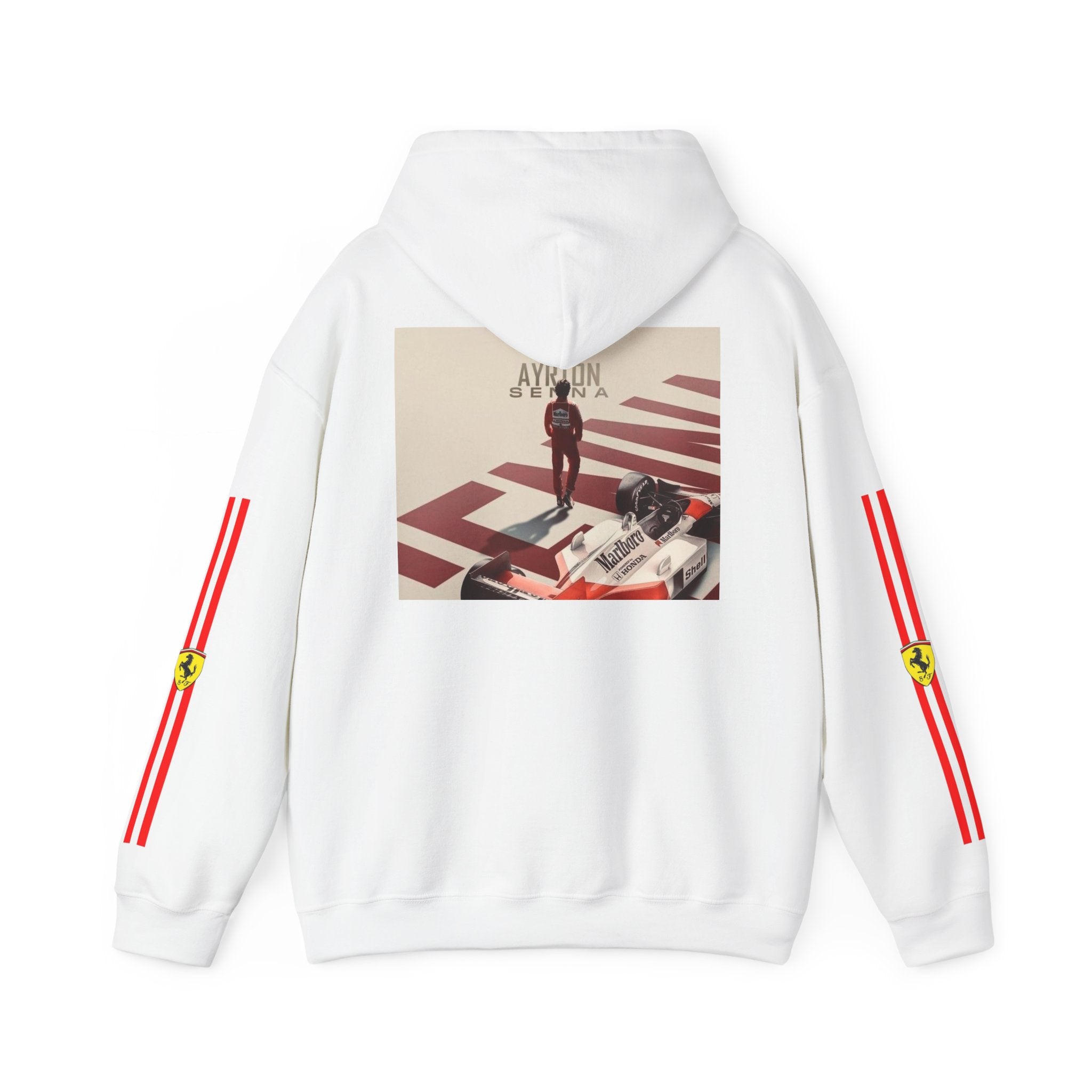 Ferrari Racing Hoodie – Prancing Horse & Ayrton Senna Retro F1 Graphic