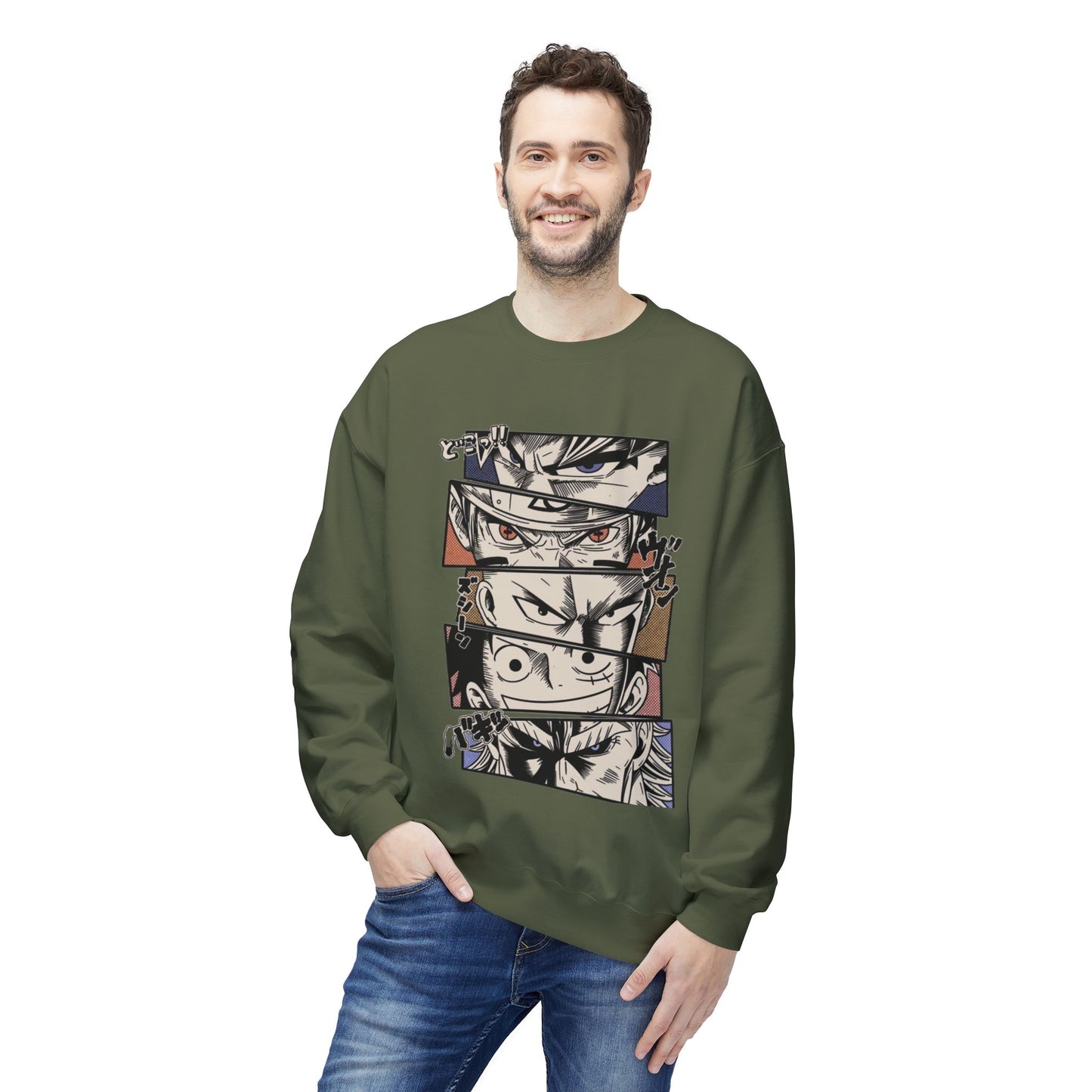 Anime Eyes Crewneck Sweatshirt — Split-Panel Manga Character Faces