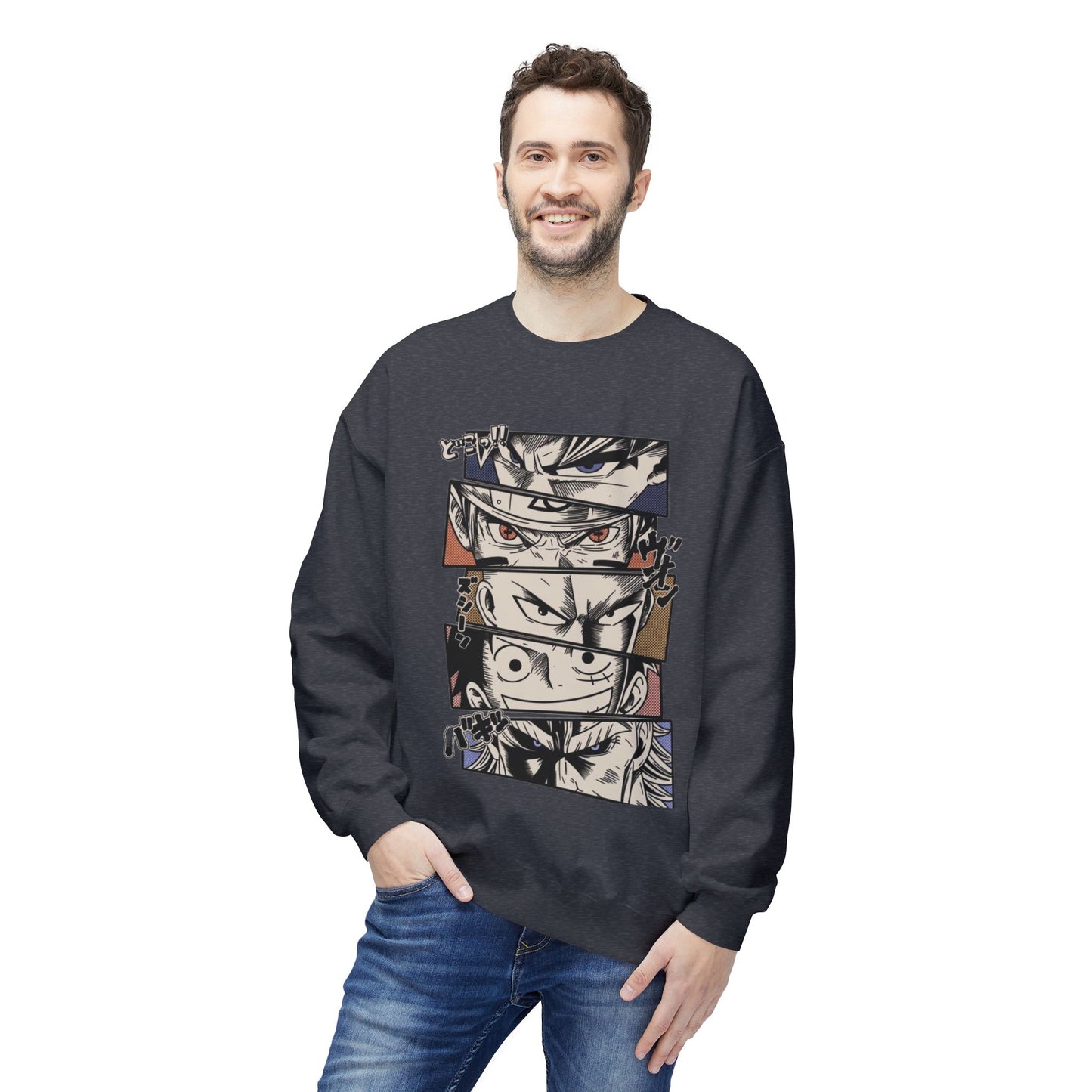Anime Eyes Crewneck Sweatshirt — Split-Panel Manga Character Faces
