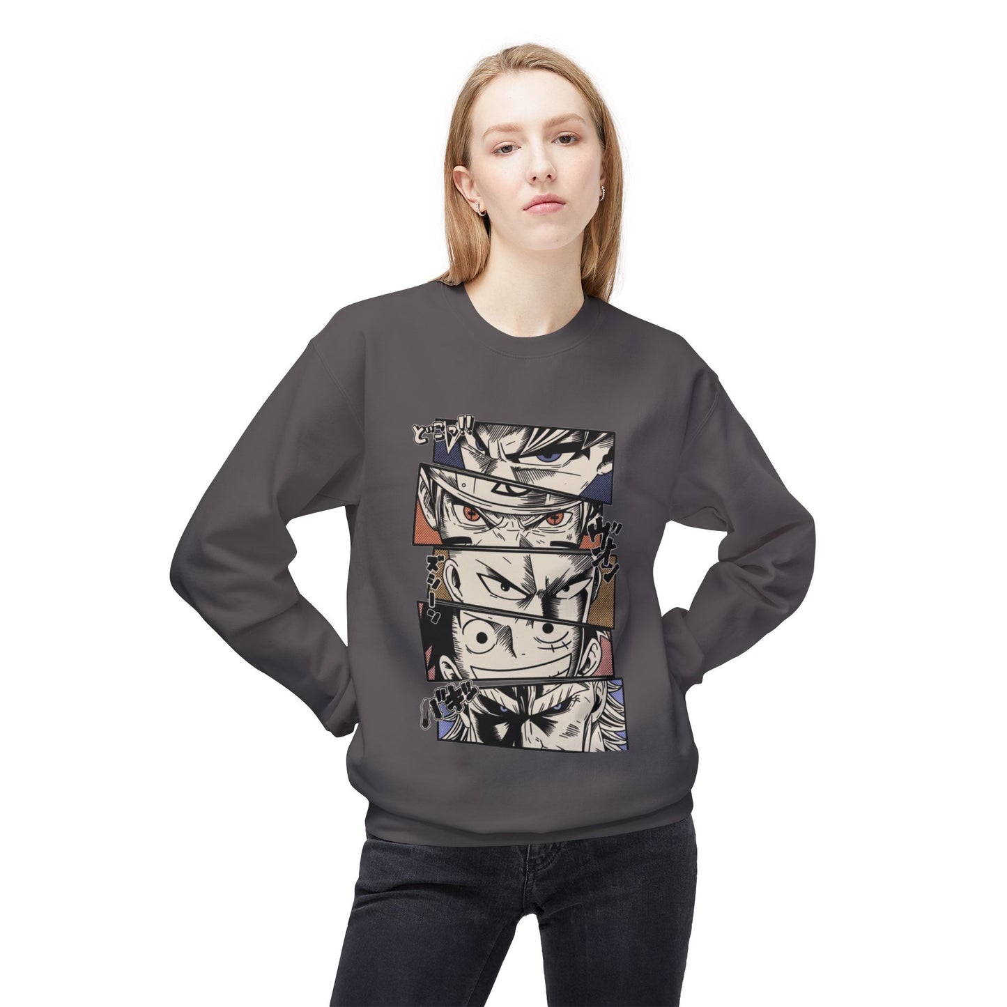 Anime Eyes Crewneck Sweatshirt — Split-Panel Manga Character Faces