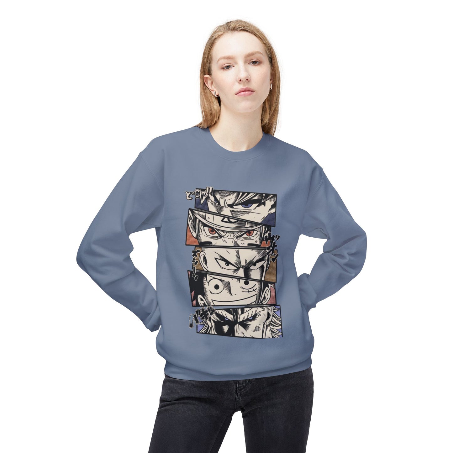 Anime Eyes Crewneck Sweatshirt — Split-Panel Manga Character Faces