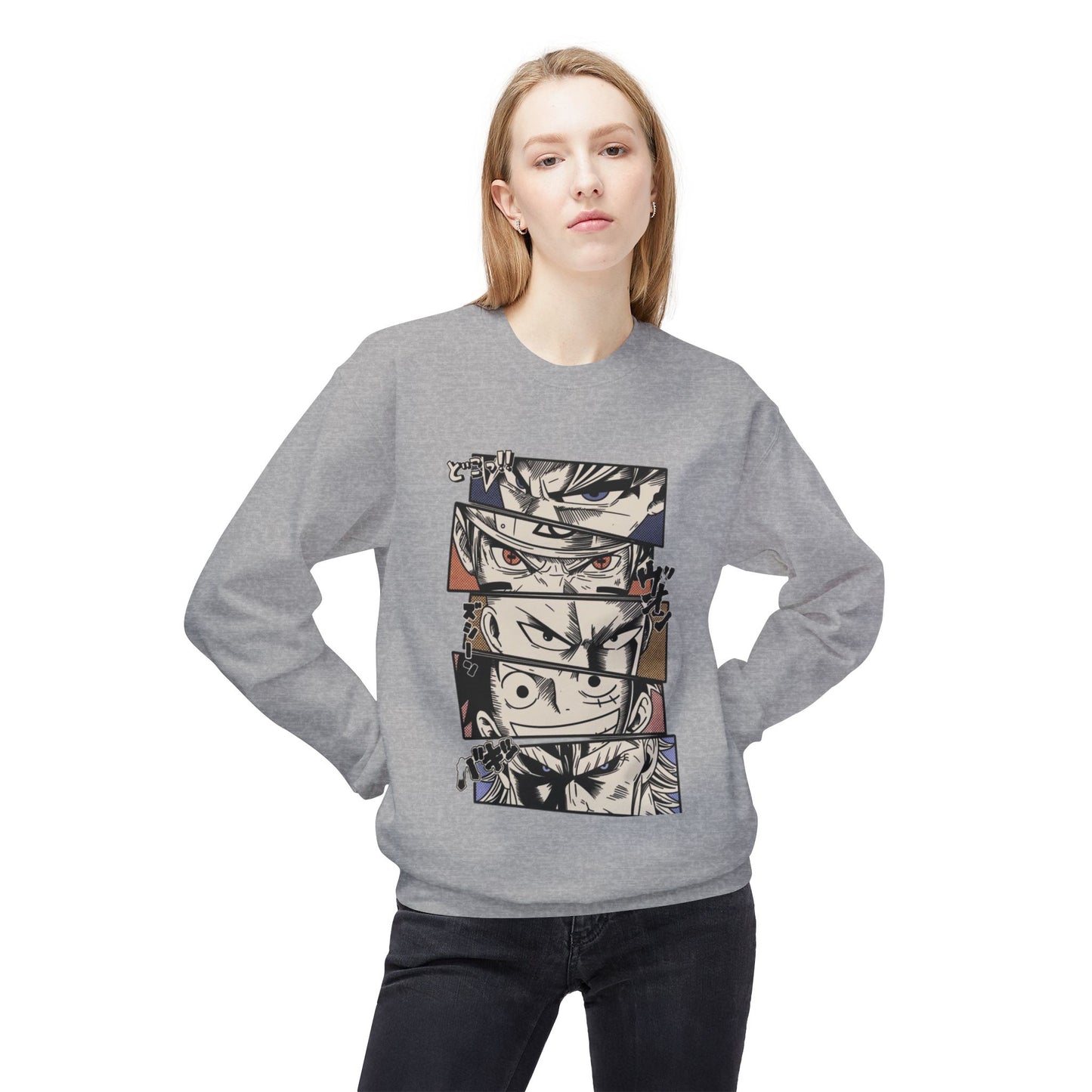 Anime Eyes Crewneck Sweatshirt — Split-Panel Manga Character Faces